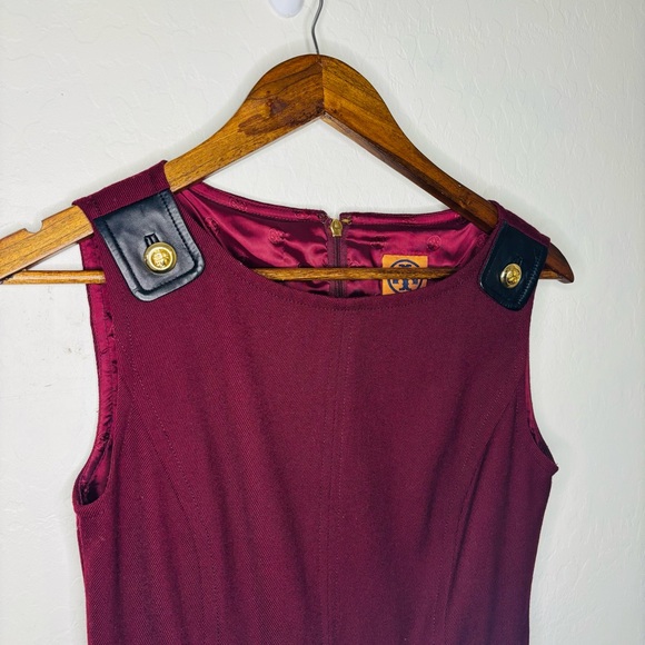 Tory Burch Sleeveless Sheath Dress Leather Trim Wine Wool Blend Gold Accents 4 - Picture 7 of 13